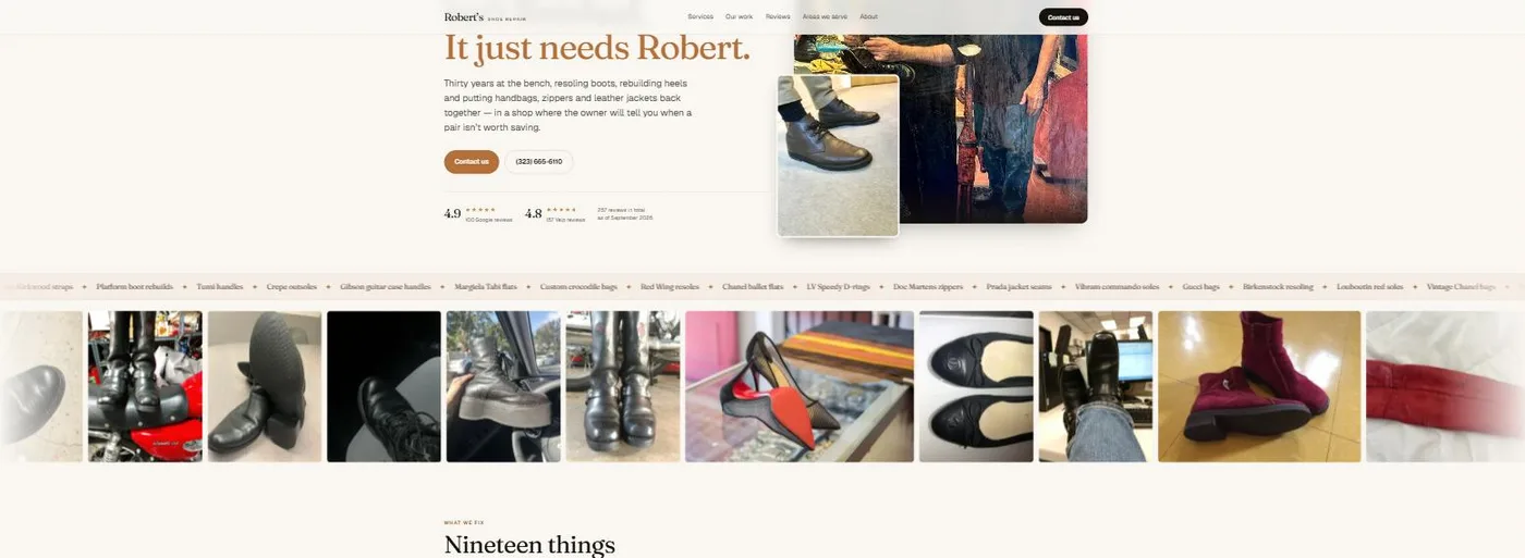Homepage of robertsshoerepair.com, showing the headline “It just needs Robert.” beside photographs of a repaired boot and a leather handbag, with a scrolling strip of repair types underneath.